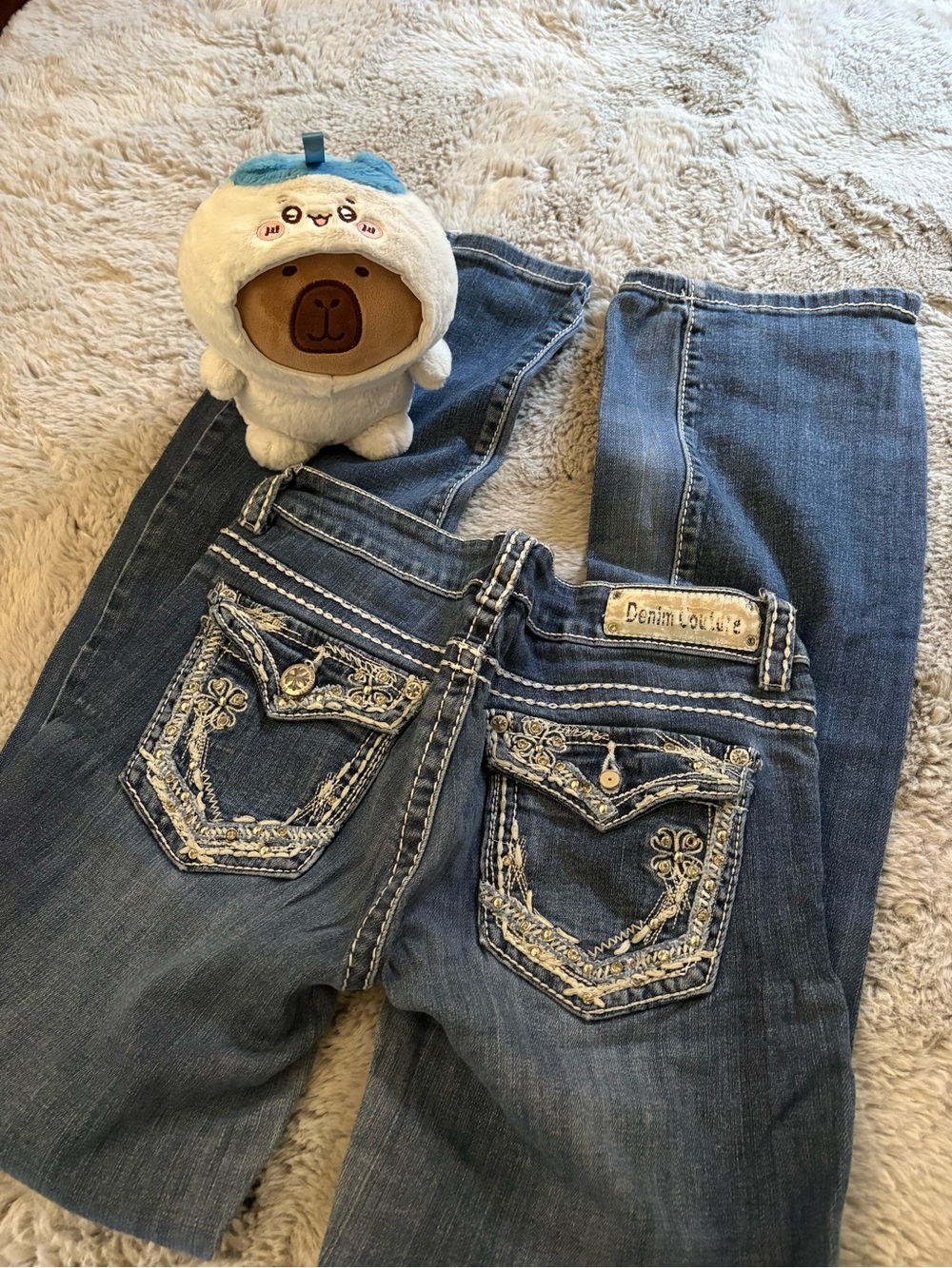 Denim Couture Women's Embellished Rhinestone Flap Pocket Bootcut Jeans